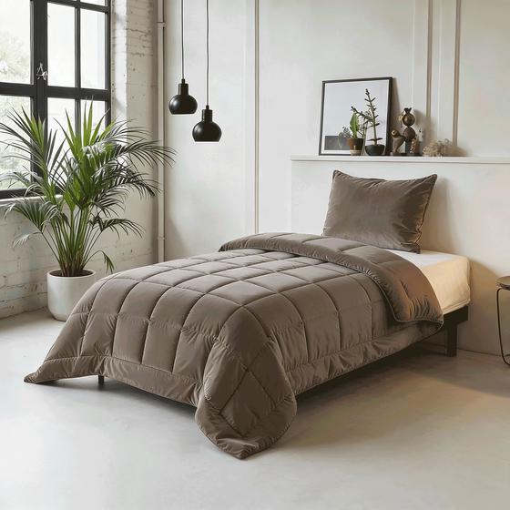 Lazy all-in-one single duvet and duvet cover Velvet - taupe on bed lifestyle image