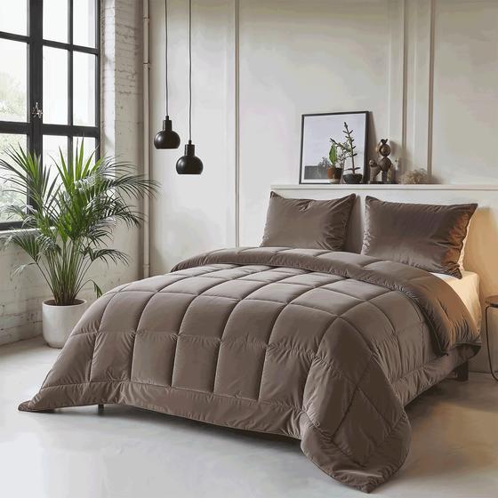 Lazy all-in-one 200 x 200 cm duvet and duvet cover Velvet - taupe on bed lifestyle image