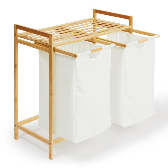 Bamboo laundry basket and rack open