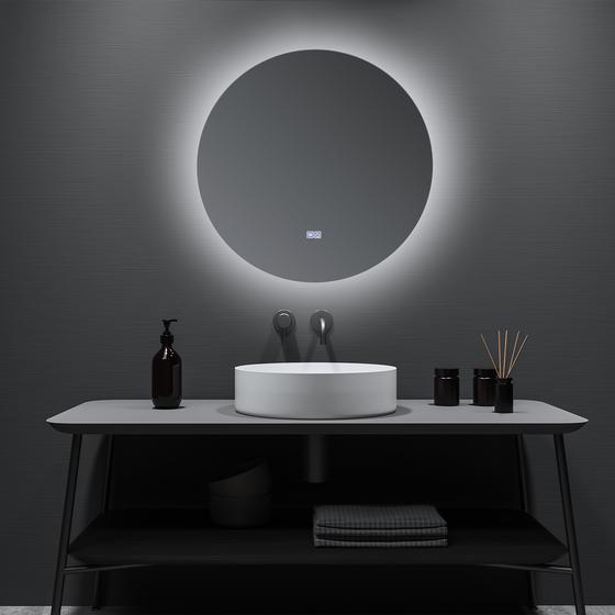 Bathroom mirror with LED lighting switched on in the bathroom