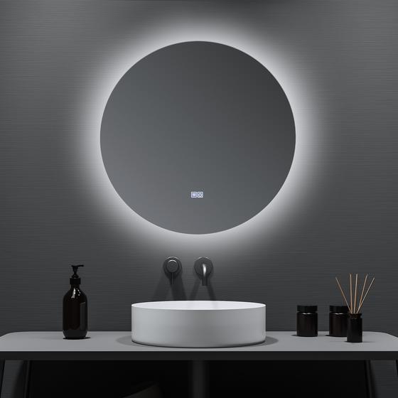 Bathroom mirror with LED lighting switched on in the bathroom