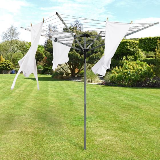 Clothesline in the garden with laundry
