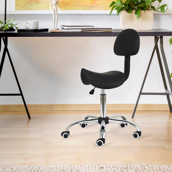 Saddle stool with ergonomic backrest at desk