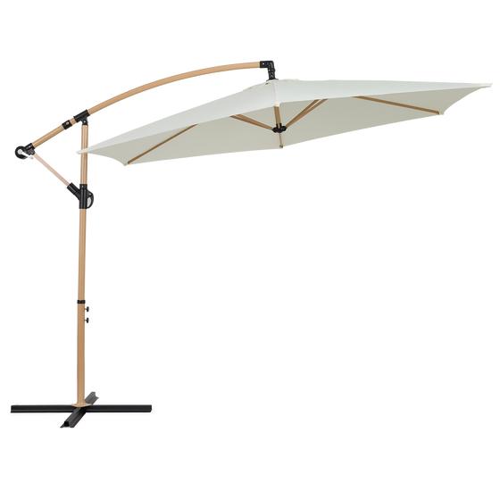 Hangende parasol - houtlook + wit doek volledig