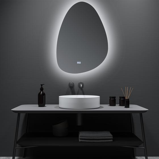 Asymmetric mirror with LED lighting enabled above washbasin