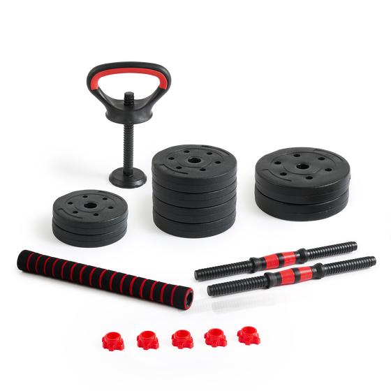 Weightlifting set with bar, weights and kettlebell