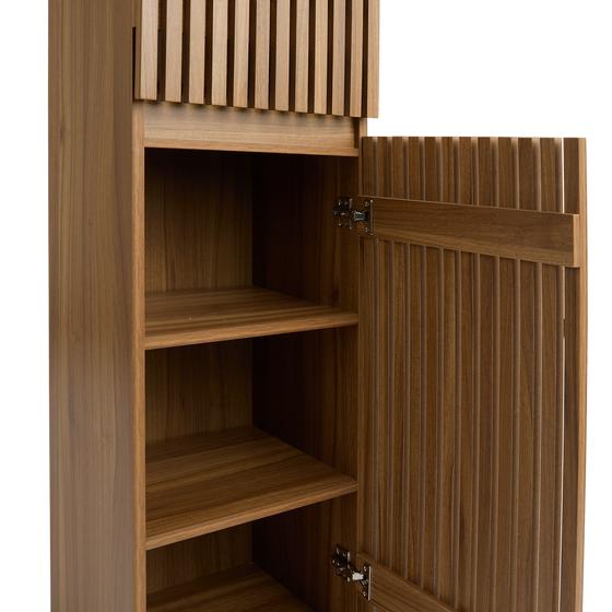 Bathroom cabinet with slats in wood colour close-up of inside of bottom cabinet