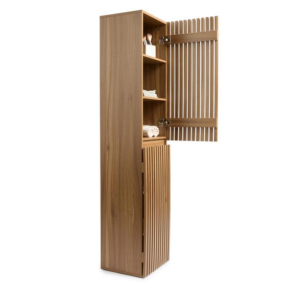 Bathroom cabinet with slats in wood colour with open door and items