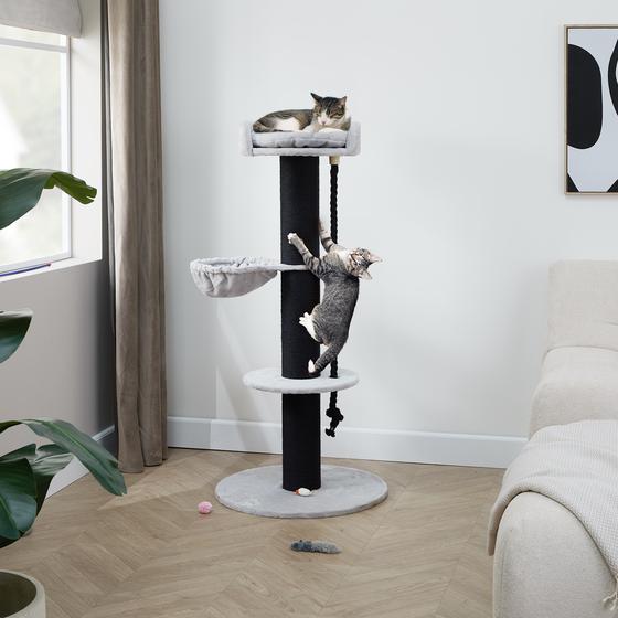 Scratching post with play rope used by cat