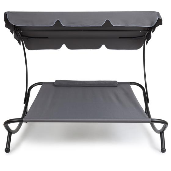 Front view of double lounge bed with canopy