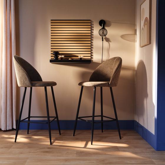 Chenille olive green bar stools - in use