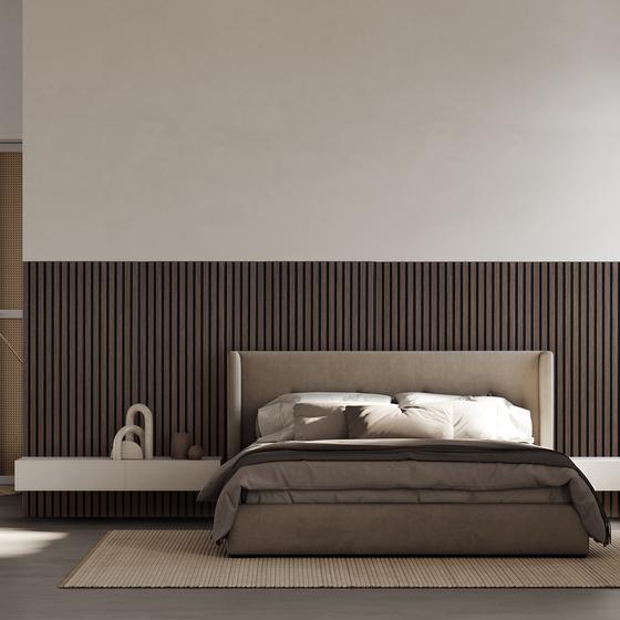 Walnut-look acoustic wall panels in bedroom