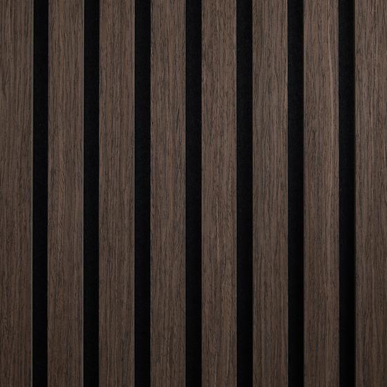 Walnut-look acoustic wall panels - close-up