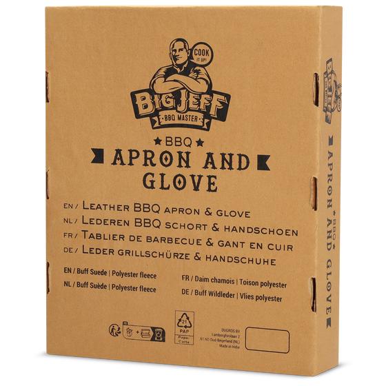 Back of packaging BBQ apron and glove - cognac from the Big Jeff brand