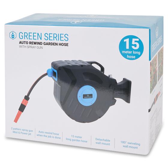 Packaging front of the garden hose with wall reel