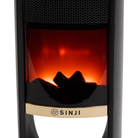 Close-up of Sinji Flame Tower Heater switched on