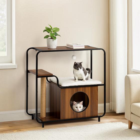 Cat furniture with scratching post and hideaway in living room