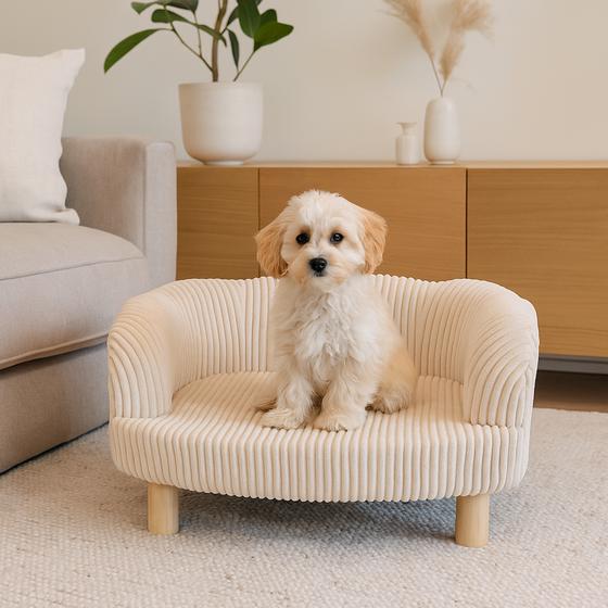 Teddy rib pet sofa – taupe – with dog