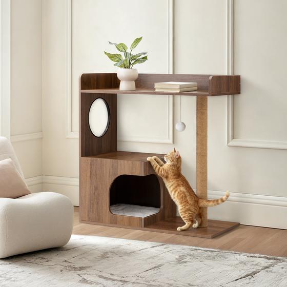 Kattenmeubel wandkast met krabpaal en huisje in gebruik
