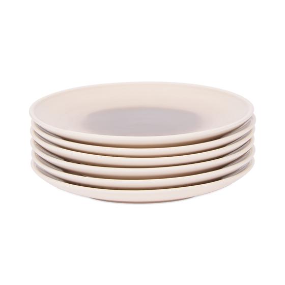 Pile de grandes assiettes du service 6 peronnes blanc et mauve foncé