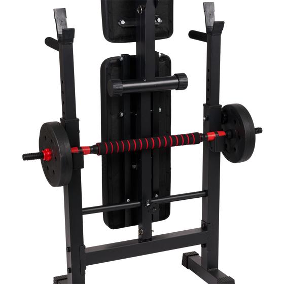 seat adjustable downwards - barbell on rack