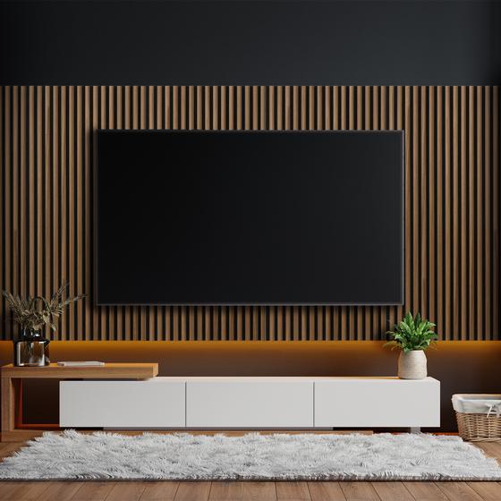 Acoustic wall panels with semi-circular slats - walnut - behind TV
