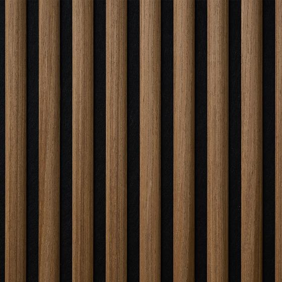 Acoustic wall panels with semi-circular slats - walnut - extreme close-up