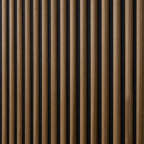 Acoustic wall panels with semi-circular slats - walnut - close-up