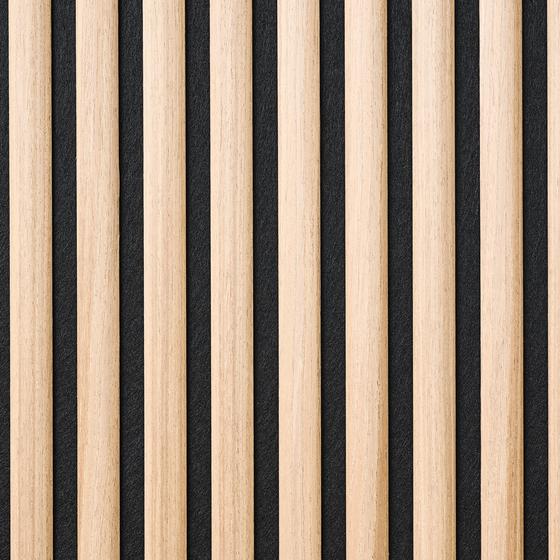 Acoustic wall panels with semi-circular slats - light oak - extreme close-up