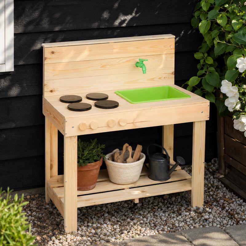 Houten modderkeuken met kraan - buiten speelkeuken Action Review De Beste Kopen
