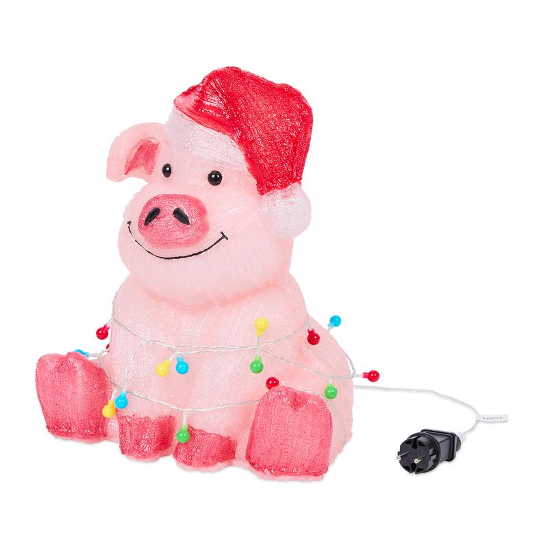 Cochon en acrylique avec LED avec un bonnet de Noël