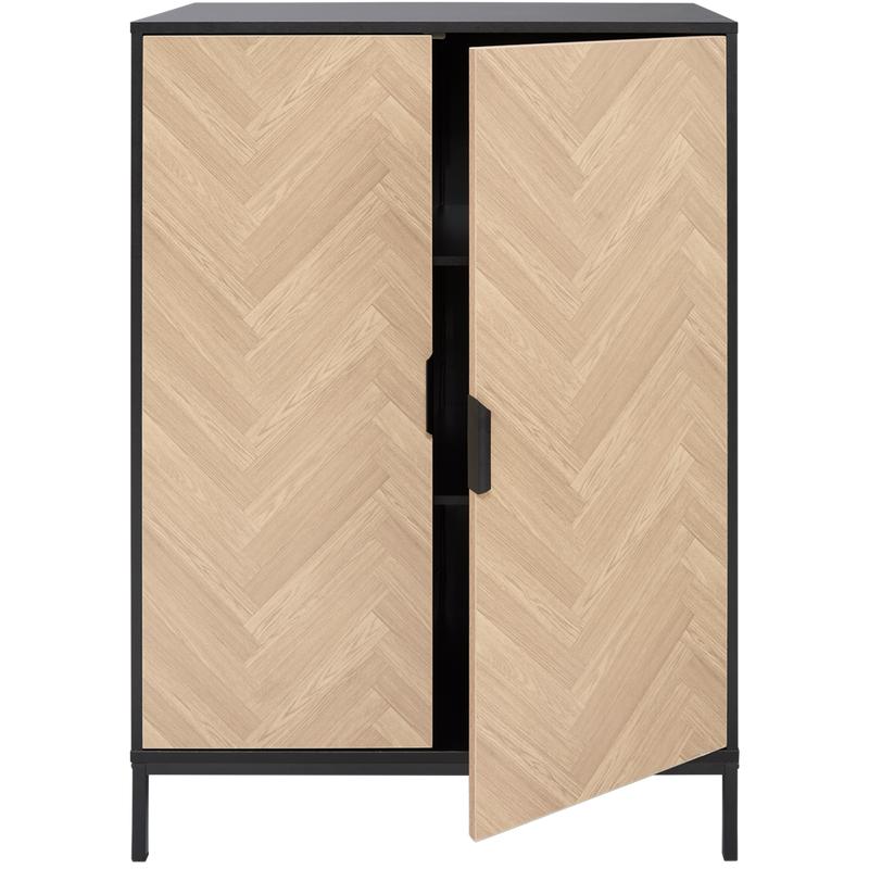 Herringbone cabinet with open door viewed from front