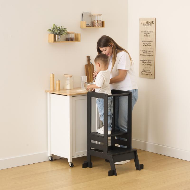 Wooden learning tower - black - in use