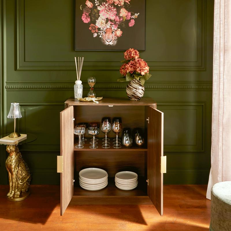 Ribbed design walnut sideboard - lifestyle image with plates and glasses