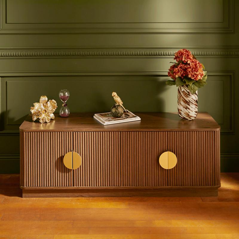 Ribbed design walnut TV cabinet - lifestyle image