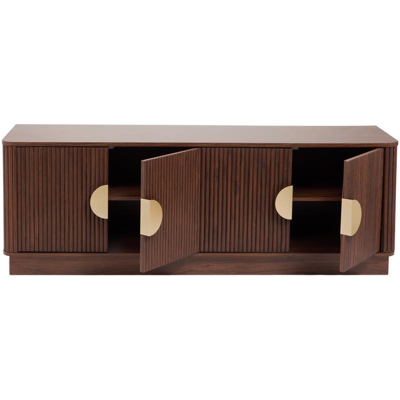 Ribbed design walnut TV cabinet - doors open