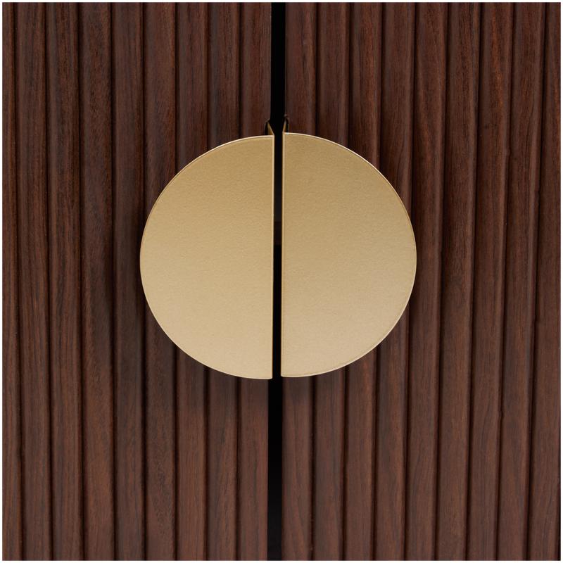 Ribbed design walnut TV cabinet - close-up of door handles