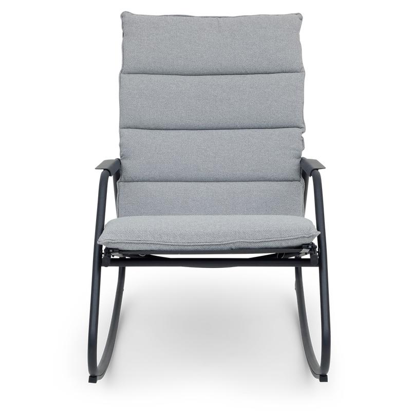 Front of the black rocking chair with gray cushion