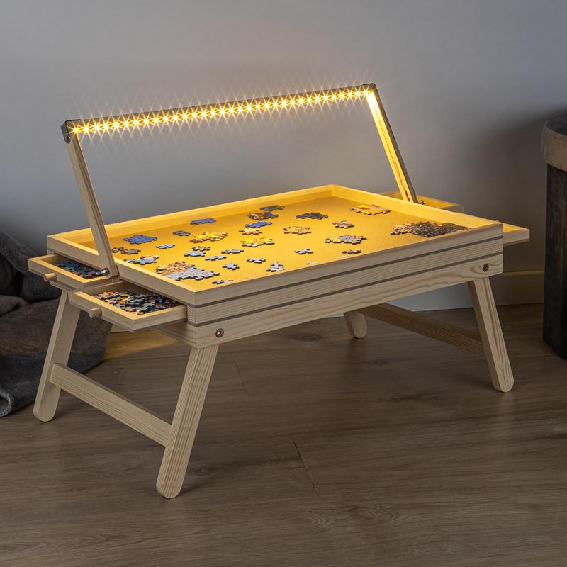 Full view of puzzle table with LED lighting with puzzle pieces 