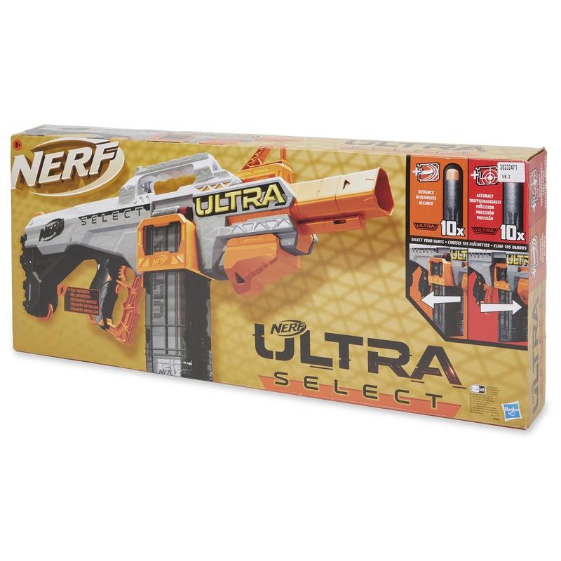 Front of the packaging that the NERF Ultra Select Blaster comes in