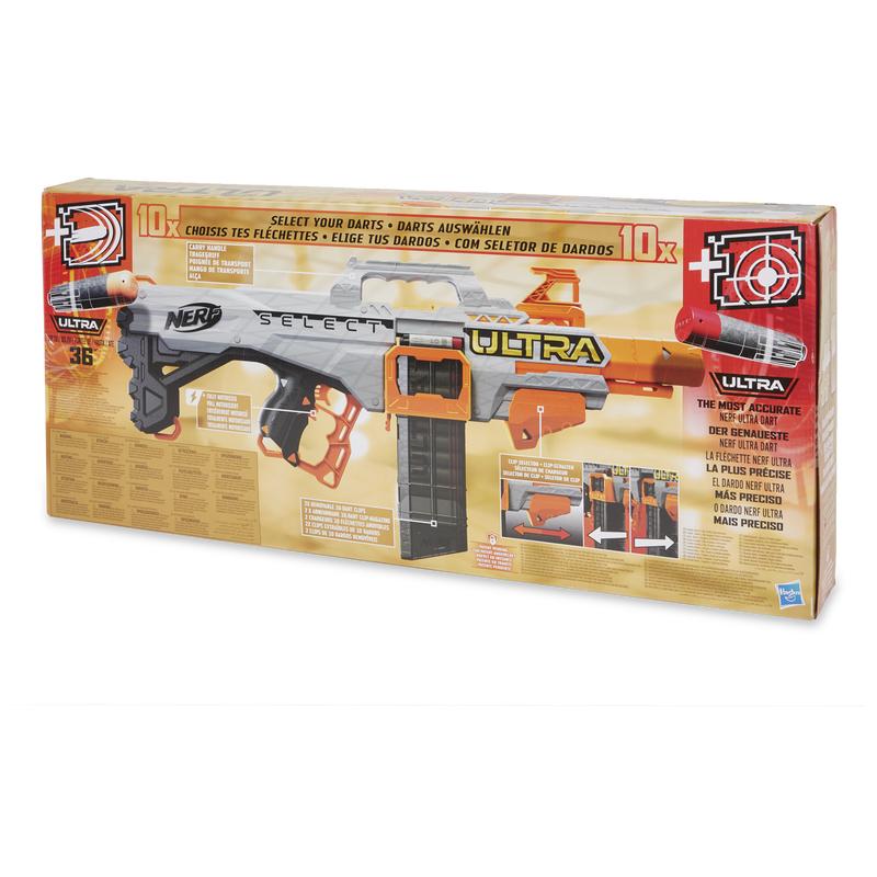 Back of the packaging that the NERF Ultra Select Blaster comes in