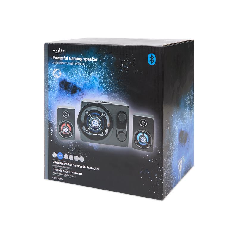 2.1 gaming speaker with LED lighting front of packaging