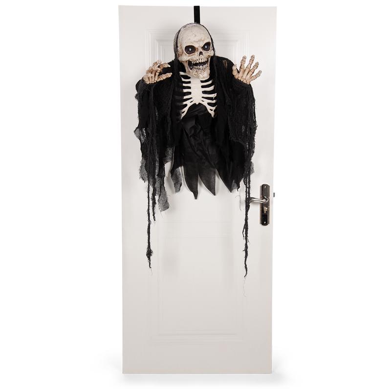 Animatronic Halloween Skeleton hanging on door turned off
