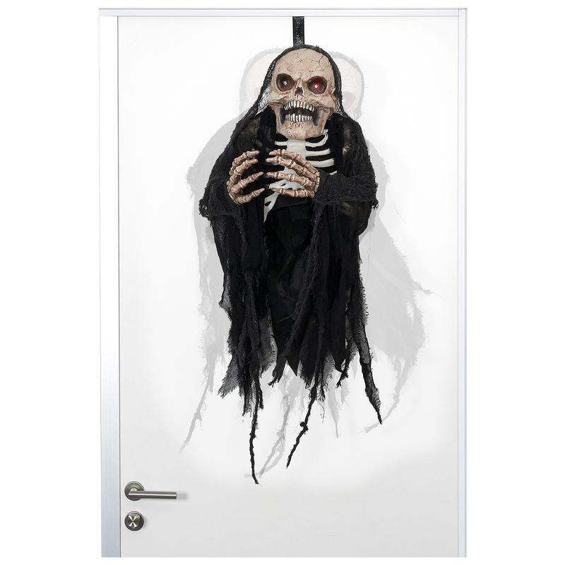 Animatronic Halloween Skeleton hanging on door turned onf