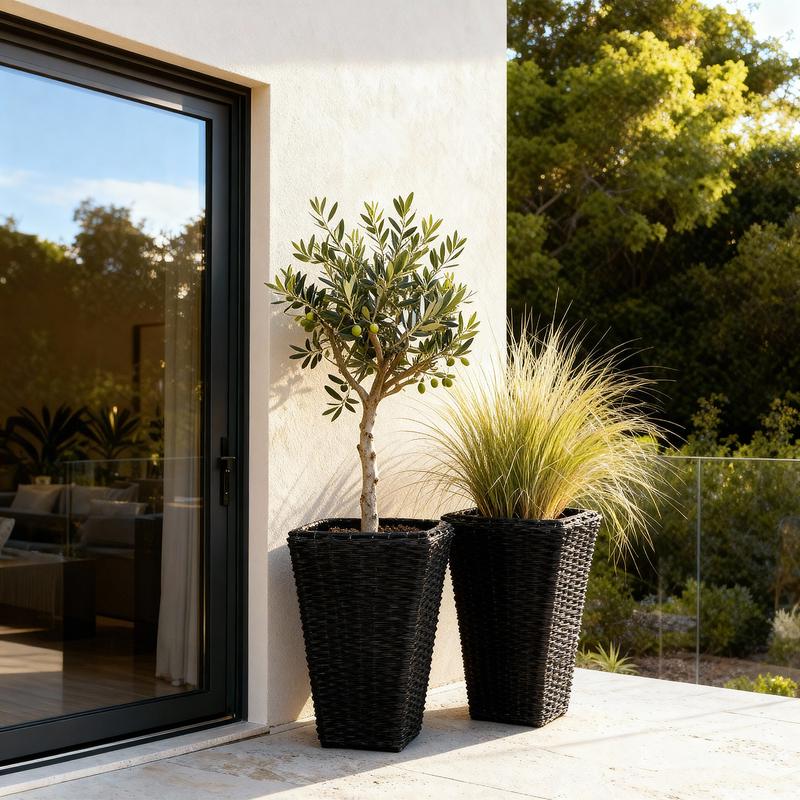 Set of 2 plant pots - black - with olive tree