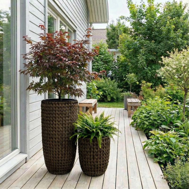 Set of 2 tall plant pots - brown - garden lifestyle image
