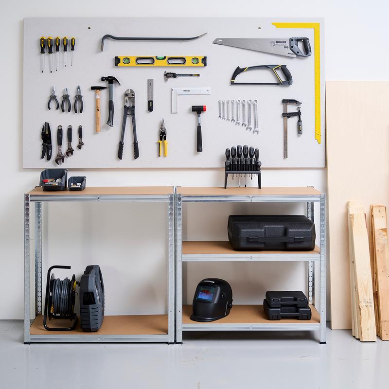 Storage rack split up with tools in a room