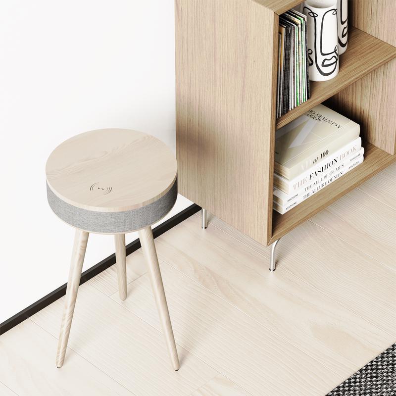 Design side table with built-in speaker next to cabinet mood picture