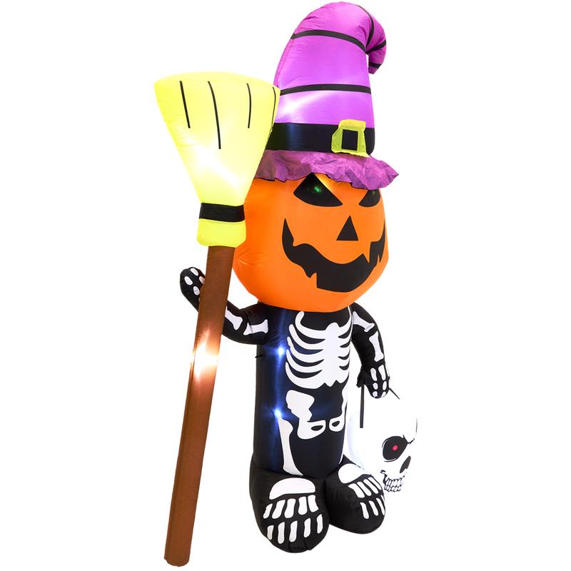 Inflatable Halloween skeleton 60 x 140 x 210 cm – Colourful pumpkin head, witch’s hat and broom with lights