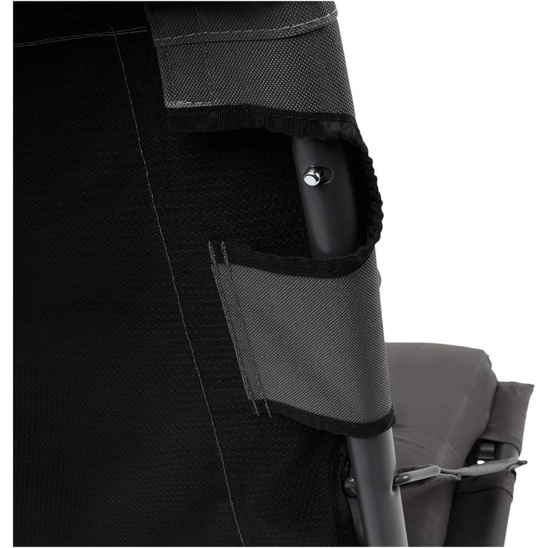 Close-up of back of grey lounge chair with cushion